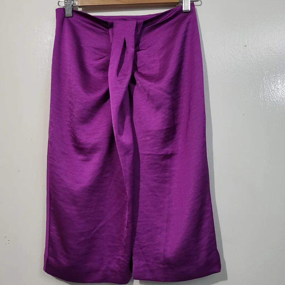 New Express High Waisted Draped Midi Skirt Purple Crush Satin Size 2